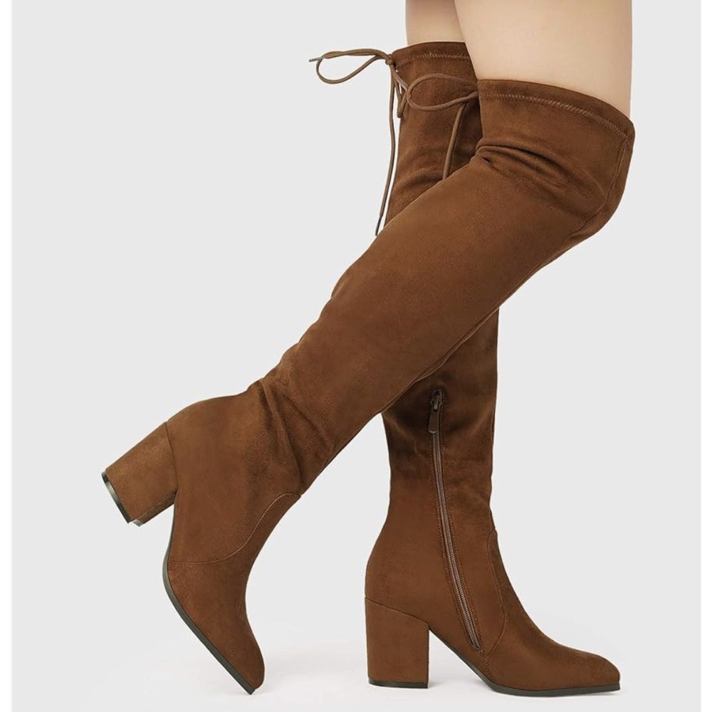 Dream‎ Pairs Women Brown Suede Block Heel Over The Knee Boots Size 8